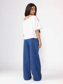 SUMWON Off Shoulder Crop T-Shirt Wide Leg Jogger Co-Ord Streetwear Two Piece Set Matching Wear NY Logo Varsity Collegiate Style Casual Fall Winter Spring - Royal Blue - View 3