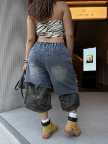 Slaydiva Plus Size Camouflage Patchwork Distressed 3/4 Length Jeans - Black - View 2