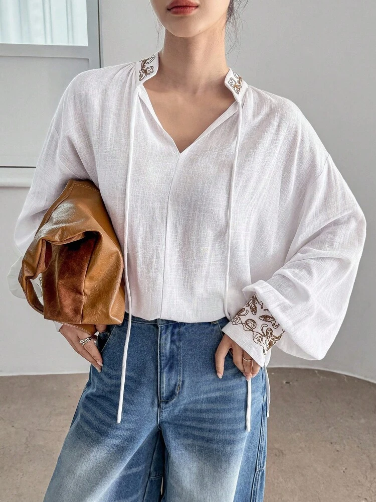 Women's Spring/Summer Loose Casual Resort Bohemian Style Floral Embroidery Long Sleeve Cover Up With Stand Collar And Drawstring Business Casual Woman Work Clothes
