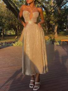 DAZY 女士度假风格细肩带露背婚纱女装 - 金色 - 查看 3