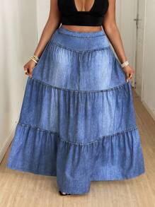 Maweii Plus Size Women's Elegant Casual Street Style A-Line Maxi Skirt With Faux Denim Wash Print, Spring/Summer - Blue - View 3