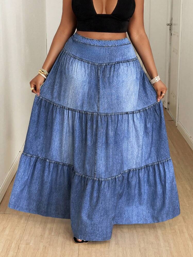 Maweii Plus Size Women's Elegant Casual Street Style A-Line Maxi Skirt With Faux Denim Wash Print, Spring/Summer - Blue - View 3