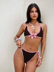 Bonvoyette Bộ đồ bơi bikini móc len họa tiết bướm hoa lan, lý tưởng cho kỳ nghỉ hè - Nhiều màu - Xem 3