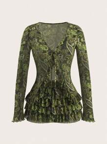 SHEIN ICON 长袖网眼印花开衫和低腰半身裙两件套 7 月 4 日女士服装 - 綠色 - 查看 6