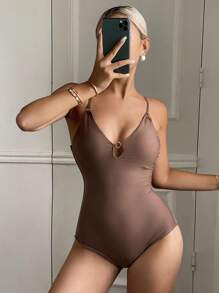 Livesso 1 Stück Damen Badeanzug mit Neckholder für Frühling/Sommer, Strandmode, Urlaubsoutfit für Kreuzfahrten - Braun - Übersicht 1