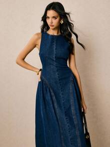 Poéselle 女式圆领无袖露背喇叭牛仔连衣裙，夏季时尚 - 深色水洗藍 - 查看 5