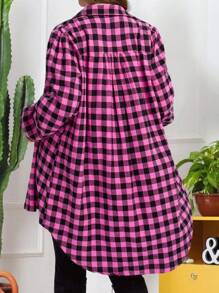 EMERY ROSE Chaqueta de manga larga con estampado de cuadros holgada y casual para mujer de talla grande, para uso diario en otoño e invierno - Rosa Fucsia - Ver 2