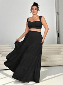 Solflare Plus Size Women Black Big Swing Hem Long Skirt