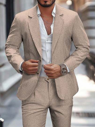 Manfinity Mode Men's Single-Breasted Lapel Neck Business Suit Set For Daily Wear