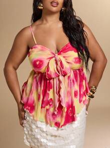 SHEIN BAE 大码褶皱扭结前襟上衣，夏季、返校季、秋季、万圣节、冬季、Y2K、复古、度假、七月四日 - 粉色 - 查看 7