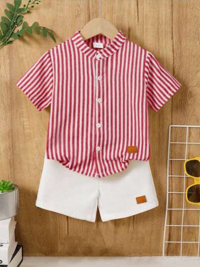 SHEIN 2pcs/Set Baby Boy Casual Striped Collared Short Sleeve Shirt And White Shorts Set, Comfortable And Versatile For Indoor, Outdoor, Daily, Sports, Play, Party, Photo Shoot, Holiday, Suitable For Spring/Summer