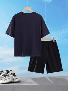 SUPERMAN X SHEIN Tween Boy Cartoon Graphic Black Casual Drop Shoulder Short Sleeve T-Shirt And Loose Shorts Sports Set - Multicolor - View 2