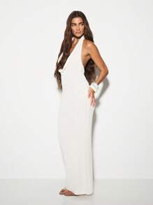 KIZN Đầm Maxi Cổ Halter Khoét Hở Lưng Đầm Dạ Hội Cổ Chữ V Sâu Đầm Len Dài Dự Tiệc Mùa Đông Trang Trọng - Màu be - Xem 5