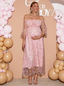 Loomaby 孕妇植物刺绣网眼露肩喇叭袖优雅连衣裙 - 紅色 - 查看 5