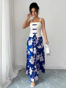 Selianne Women's White And Blue Floral Summer Elegant Tea Party Chic Sleeveless Tank Top & Printed Flare Skirt Two Pieces Set,Retro Resort Lady Outfit - Blue - View 3