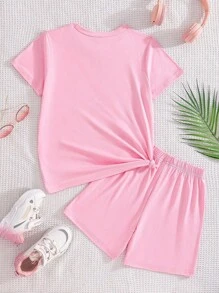 Conjunto casual de verano con camiseta y pantalones cortos con estampado de dibujos animados para niña joven