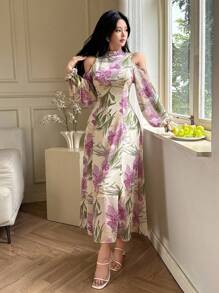 Modelyn 女士花卉印花露肩长袖优雅中长连衣裙 - 彩色 - 查看 6