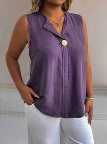EMERY ROSE Plus Size Women Solid Color Casual V-Neck Sleeveless Metal Button Regular Tank Top - Purple - View 4