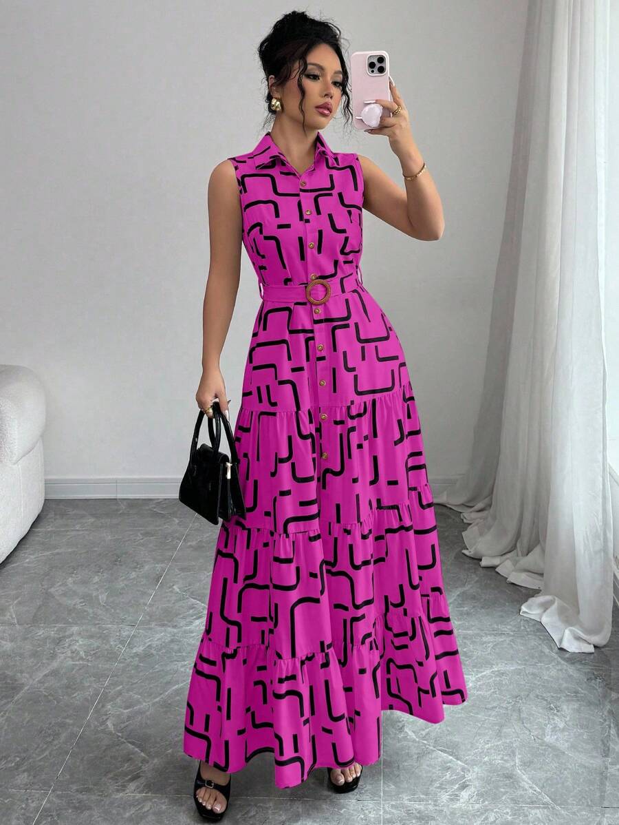 Elenzga New V-Neck Graphic Print Button Down Sleeveless Tie Waist Slim Fit Dress For Women