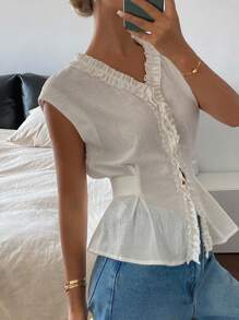 Livesso Women's Solid Color Ruched Flounce Waist Band V-Neck Casual Vacation Summer Top Blouse