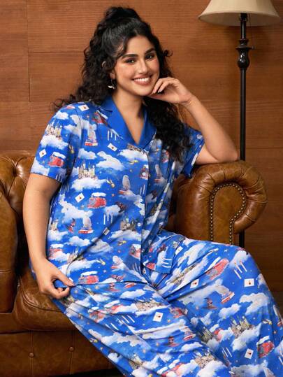 HARRY POTTER X SHEIN Plus Size Women's Summer Fall Autumn Y2k Chic Cute Dreamy Retro Vintage Casual Vacation Vibe Back To School Clothes Preppy Style Kawaii Streetwear Blue Loose Sky Owl All Over Print Button Front Short Sleeve Top And Pants Pajama Set, Outfits