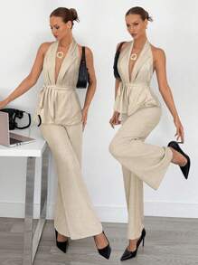 Siren Gaze Linen Sleeveless Suit For Women Summer Elegant Champagne Date,Old Money Style Solid Color Versatile Fashion Casual Classy Two Piece Set Beige,Formal - Apricot - View 6