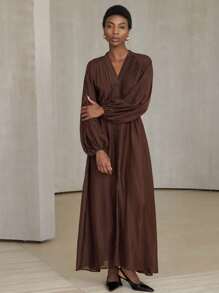 Aveloria Modichic V-Neck Striped Fabric A-Line Waisted Long Sleeve Dress, European And American Style Fall Cloth For Women - Coffee Brown - View 6