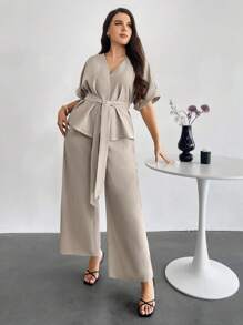 Firerie Plus Size Casual Solid Color Short Sleeve Top And Loose Pants 2 Pieces Set,Business Casual Woman