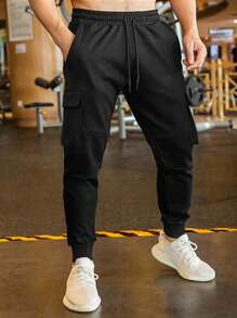 Manfinity Homme Pantalones de chándal negros para hombres, pantalones rectos informales con cordón en la cintura