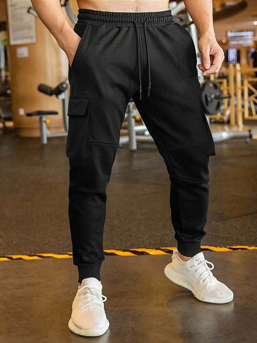Manfinity Homme Pantalones de chándal negros para hombres, pantalones rectos informales con cordón en la cintura
