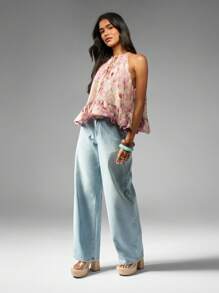 MISSGUIDED Blusa decote halter com bainha esvoaçante, primavera-verão, babados, top de chiffon, abertura frontal, gravata, convidado de casamento, festa de jardim, moda festival - Multicolorido - Ver 4