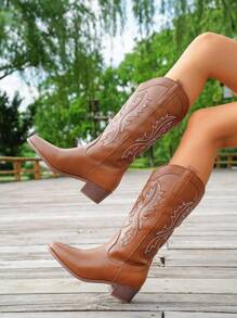 Styleloop Women's New Embroidered Western Boots, Fashion Personalized Embroidered Classic Thick Heel Mid-Calf Long Boots