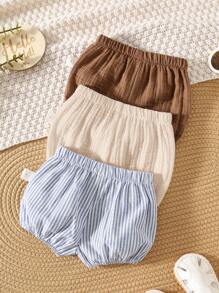 3 件套新生儿夏季休闲百搭条纹纯色松紧腰短裤、打底裤、内衣三件套，适合男婴和女婴