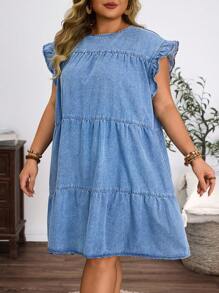 EMERY ROSE Plus Size Round Neck Short Cap Sleeve Simple Casual Mini Denim Dress - Light Wash - View 4