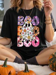 Calvaya BOO Floral Ghost Print Crew Neck Halloween Plus Size T-Shirt
