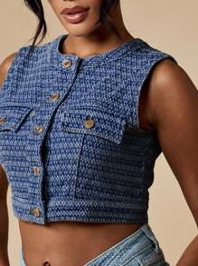 MISSGUIDED 牛仔提花短款背心无袖纽扣前上衣西部风格夏季节日休闲街头服饰时尚宣言 - 中等水洗藍 - 查看 8