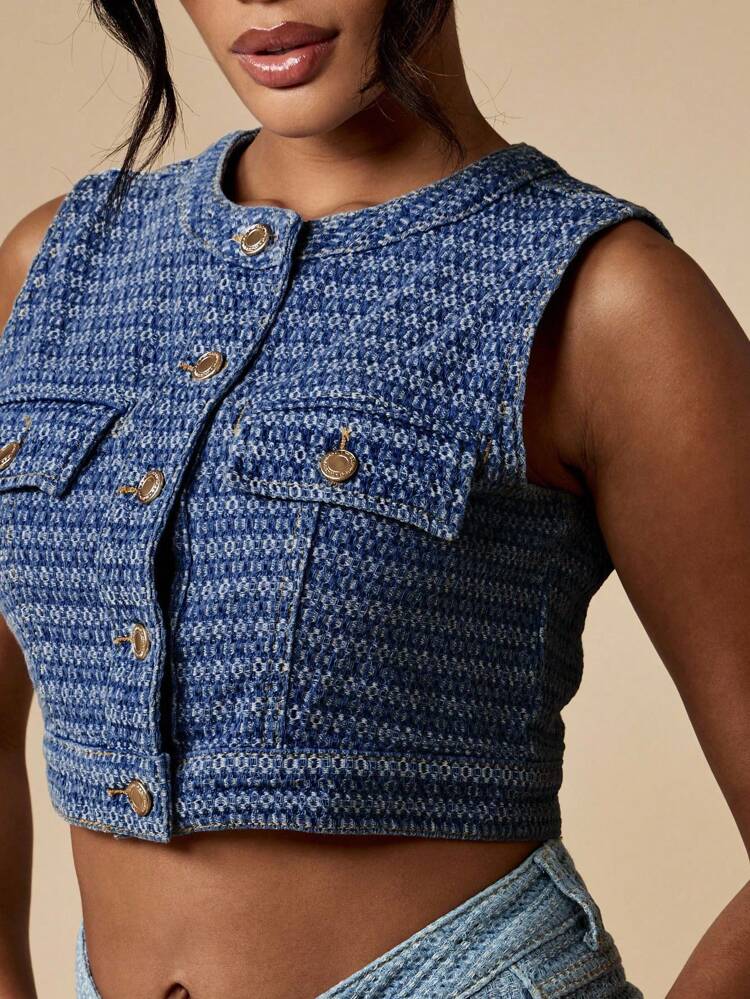 MISSGUIDED Denim Jacquard Cropped Vest Sleeveless Button Front Top Western Style Summer Festival Casual Streetwear Fashion Statement