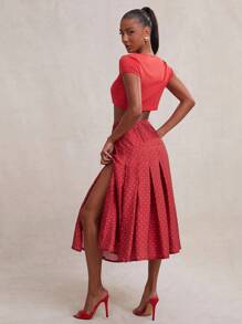 NYA SZN Skirt Print Polka Dot Minimal Pleated Midi Summer Spring Length Skirt, Office Casual Brunch Cowboy Modest Elegant Festival Fashions Church Outfits For Women - Red - View 6