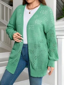 SHEIN Femmes grande taille Cardigan mi-long à manches longues à épaules tombantes, couleur unie, style ajouré