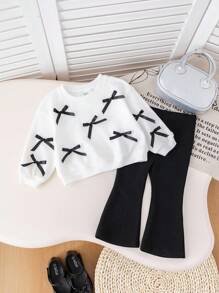Baby Girl Cute & Cozy Elegant Bow Round Neck Sweatshirt And Long Pants Set - Black and White - View 2
