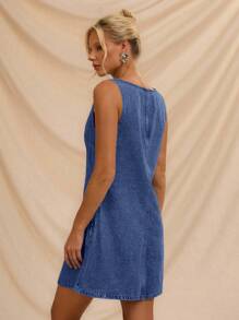 Avantive 女式V领无袖休闲牛仔迷你连衣裙，宽松舒适的音乐节风格 - 藍色 - 查看 2