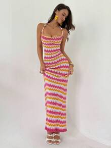 Aloruh Hot Summer Sleeveless Beaded Draped Neck Form-Fitting Backless Contrast Color Knitted Dress For Women - Multicolor - View 5