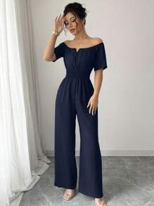 Elenzga 女式夏季新款露肩V领收腰连体裤 - 藏蓝色 - 查看 6