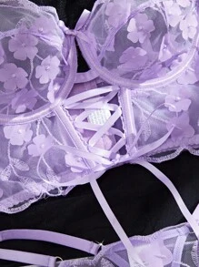 SHEIN 2件浪漫刺绣镂空钢圈文胸套装 - 淡紫色 - 查看 4