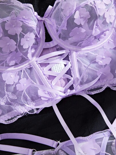 Romantic Geborduurde Front Hollow Out Underwire BH Set Paars Lingerie Bloemen Kanten See Through Birthday view 4