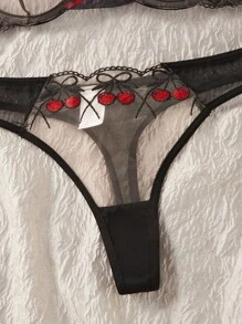 SHEIN Bộ đồ lót lưới thêu họa tiết quả anh đào gợi cảm 2 món cho nữ, thời trang và dễ thương - màu đen - Xem 4