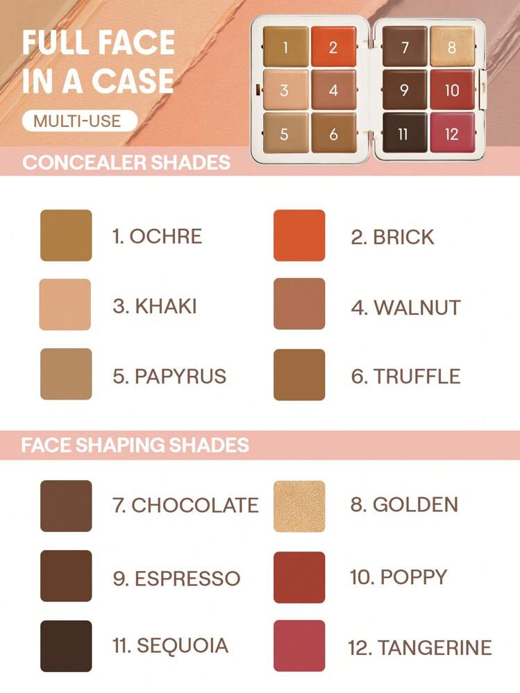 SHEGLAM لوحة الوجه متعددة الوظائف All About That Face-Mocha Sculpt لوحة الوجه متعددة الوظائف All About That Face-Mocha Sculpt 12 لونًا بلمسة نهائية متوهجة لوحة متعددة الاستخدامات 3 في 1 خافي عيوب قابل للدمج قاعدة أحمر خدود كونتور هايلايتر مصحح تغطية بقع حب الشباب تغطية عالية لا تتلاشى خالية من العيوب مكياج وجه محمول كونسيلر علامة تجارية جمال مكياج ميكب مستحضرات تجميل للنساء الفتيات مثالي لفصل الصيف الربيع مثالي ل- Y2K أزياء أنيقة عيد الأم هدية حفلة جاهز أفضل لون - Mocha Sculpt - مشاهدة 2