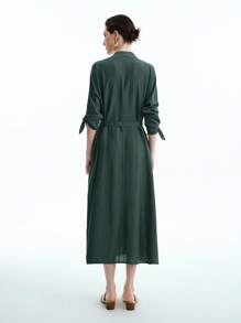 Aalyst 女士春夏竹编亚麻连衣裙，优雅 V 领，正面纽扣，蝙蝠袖，腰部系带蝴蝶结，肩部褶饰，超长款，适合办公室和休闲穿着 - 綠色 - 查看 3