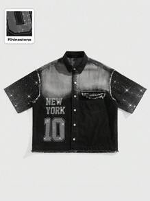 ROMWE MEN Street Life Men's Boxy Fit Rhinestone Embellished Denim Shirt