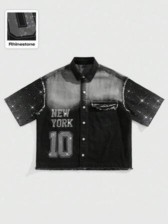 Grunge Punk قميص جينز بفحم مزين بحجر الراين للرجال